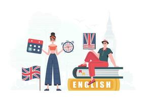 il concetto di apprendimento inglese. donna e uomo inglese insegnanti. di moda stile. vettore. vettore