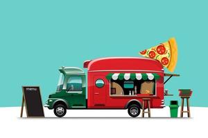 la vista laterale del food truck con menu pizza vettore