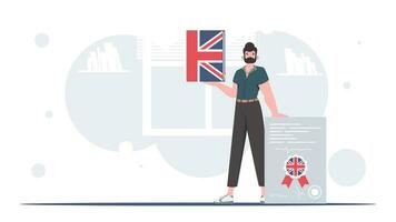 il concetto di insegnamento inglese. un' uomo detiene un inglese dizionario e un' certificato nel il suo mani. di moda stile. vettore illustrazione.