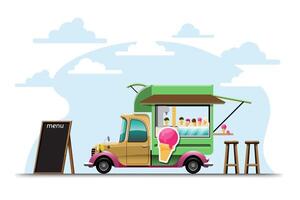 la vista laterale del food truck con bancone gelato vettore