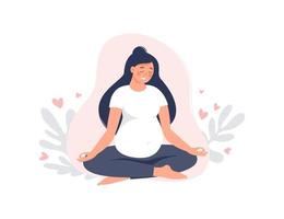 donna incinta che medita nella posa del loto isolata sul rosa. gravidanza femminile che pratica yoga. illustrazione piatta vettoriale. concetto di maternità e stile di vita sano per banner, landing page, card vettore