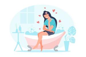 ama te stesso concetto. il personaggio femminile trascorre del tempo in bagno e si rilassa. donna sorridente si abbraccia con cuori, pianta, schiuma, bagno, tavola. design per banner, flyer, card vettore