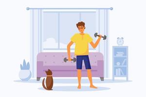 ragazzo si allena a casa con i manubri. uomo e gatto marrone carino addestramento in una stanza moderna. illustrazione di caratteri piatti di vettore. esercizi di allenamento fitness, stile di vita sano, momenti di relax a casa vettore