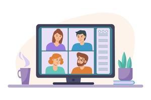 chat di videoconferenza con uomini e donne sul laptop. apprendimento o incontro online con teleconferenza. videoconferenza e illustrazione dell'area di lavoro della riunione online su stile piatto. Educazione a distanza vettore