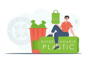 il concetto di ecologia e cura per il ambiente. un' uomo si siede su un' bottiglia fatto di biodegradabile plastica e detiene un eco Borsa nel il suo mani. tendenza style.vector illustrazione. vettore