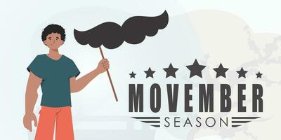 Movember striscione. il tipo è Tenere il suo baffi su un' bastone. di moda cartone animato stile. vettore. vettore