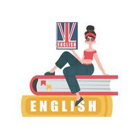 un' donna si siede su libri e detiene un inglese dizionario nel sua mani. il concetto di apprendimento inglese. isolato. di moda cartone animato stile. vettore. vettore