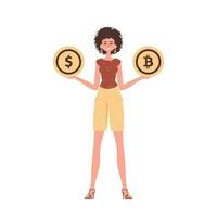 il ragazza detiene un' moneta di bitcoin e dollaro nel sua mani. personaggio nel di moda stile. vettore
