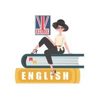 un' donna si siede su libri e detiene un inglese dizionario nel sua mani. il concetto di apprendimento inglese. isolato. di moda cartone animato stile. vettore illustrazione.