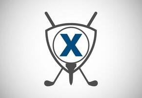 inglese alfabeto X con golf sfera, golf bastone e scudo cartello. moderno logo design per golf club. vettore