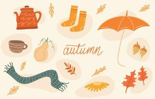 autunno impostare, mano disegnato accogliente elementi e calligrafia vettore