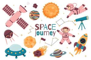 un' impostato di illustrazioni con carino astronauti, navicella spaziale, telescopio, spazio stazione, satellitare, razzo, costellazioni, Luna, sole e pianeti nel cartone animato stile. vettore