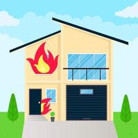 illustrazione vettoriale di design piatto stile casa in fiamme con fiamme di fuoco nelle finestre. incidente di concetto di assicurazione antincendio.
