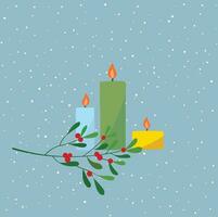 colore candele con vischio ramo illustrazione piatto vettore nel cartone animato stile. allegro Natale. per Natale carte, striscioni, etichetta, etichette, sfondo.