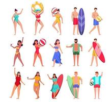 fascio di personaggi uomo e donna 3 set, 15 pose di donna in costume da bagno con attrezzatura vettore