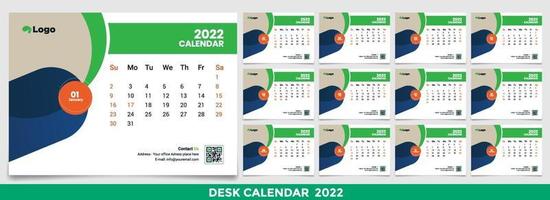calendario 2022, imposta il design del modello di calendario da tavolo con posto per foto e logo aziendale. la settimana lunedì la domenica. set di 12 mesi vettore