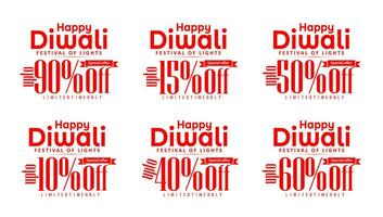 contento Diwali offrire impostato di diverso percentuale sconto etichetta su bianca sfondo. su per 10, 90, 40, 60, 15, 50 per cento via sconto etichette, vettore