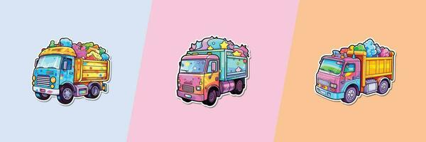 spazzatura camion etichetta. kawaii cartone animato illustrazione vettore