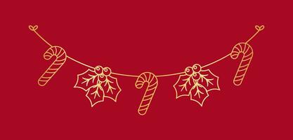 oro Natale vischio e caramella canna ghirlanda schema scarabocchio vettore illustrazione, Natale festivo inverno vacanza stagione pavese