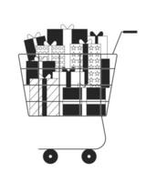 shopping carrello con scatole regalo nero e bianca 2d linea cartone animato oggetto. nero venerdì, informatica Lunedi i saldi regali isolato vettore schema elemento. natale i regali acquisto monocromatico piatto individuare illustrazione