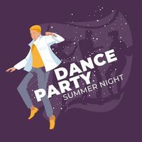notte club pubblicità design. un' giovane uomo è ballando. sagome di danza persone su il sfondo di spazio e pianeti vettore