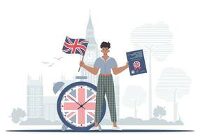 il concetto di insegnamento inglese. maschio insegnante Spettacoli quello è tempo per imparare inglese. di moda cartone animato stile. illustrazione nel vettore. vettore