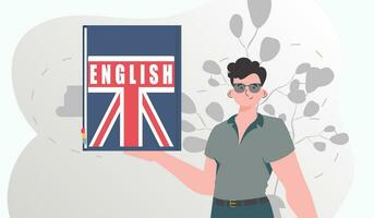 il concetto di apprendimento inglese. un' uomo detiene un inglese dizionario nel il suo mani. piatto moderno stile. vettore. vettore