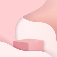 scena minimale con forme geometriche. podi cilindrici in morbido sfondo rosa con foglie di carta su colonna. scena per mostrare prodotto cosmetico, vetrina, vetrina, vetrina. illustrazione vettoriale 3D.