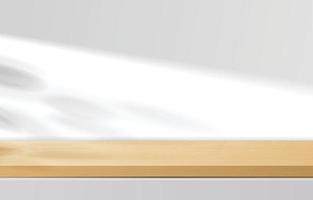 tavolo superiore in legno minimo vuoto, podio in legno su sfondo bianco con foglie d'ombra. per la presentazione del prodotto, mock up, mostra display di prodotti cosmetici, podio, piedistallo da palcoscenico o piattaforma. vettore 3d