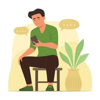 uomo seduta su sgabello e chat su mobile Telefono concetto illustrazione vettore