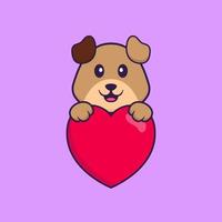 simpatico cane che tiene un grande cuore rosso. concetto animale del fumetto isolato. può essere utilizzato per t-shirt, biglietti di auguri, biglietti d'invito o mascotte. stile cartone animato piatto vettore