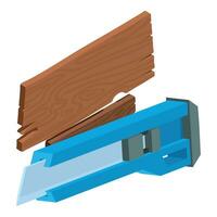 ufficio forniture icona isometrico vettore. blu Stazionario coltello e di legno tavola vettore