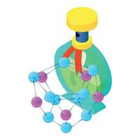 moderno profumo icona isometrico vettore. blu bottiglia di profumo e molecola simbolo vettore