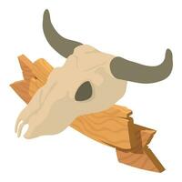 selvaggio West simbolo icona isometrico vettore. grande bufalo cranio vicino di legno cartello vettore