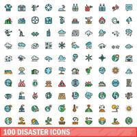 100 disastro icone impostare, colore linea stile vettore
