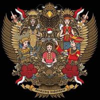 femmine indonesiane con una cultura straordinaria sull'illustrazione del disegno a mano di garuda vettore