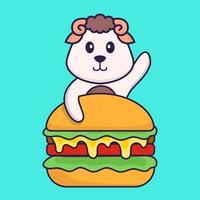 pecore carine che mangiano hamburger. concetto animale del fumetto isolato. può essere utilizzato per t-shirt, biglietti di auguri, biglietti d'invito o mascotte. stile cartone animato piatto vettore