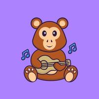 scimmia carina che suona la chitarra. concetto animale del fumetto isolato. può essere utilizzato per t-shirt, biglietti di auguri, biglietti d'invito o mascotte. stile cartone animato piatto vettore