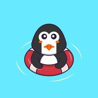 simpatico pinguino sta nuotando con una boa. concetto animale del fumetto isolato. può essere utilizzato per t-shirt, biglietti di auguri, biglietti d'invito o mascotte. stile cartone animato piatto vettore