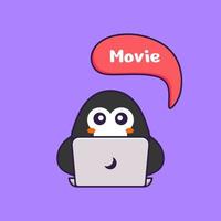il simpatico pinguino sta guardando un film. concetto animale del fumetto isolato. può essere utilizzato per t-shirt, biglietti di auguri, biglietti d'invito o mascotte. stile cartone animato piatto vettore