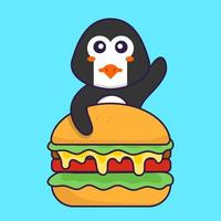 simpatico pinguino che mangia hamburger. concetto animale del fumetto isolato. può essere utilizzato per t-shirt, biglietti di auguri, biglietti d'invito o mascotte. stile cartone animato piatto vettore