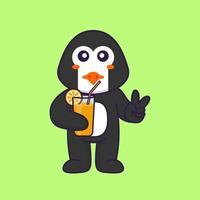 simpatico pinguino che tiene il succo d'arancia in vetro. concetto animale del fumetto isolato. può essere utilizzato per t-shirt, biglietti di auguri, biglietti d'invito o mascotte. stile cartone animato piatto vettore