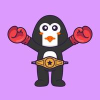 simpatico pinguino in costume da boxer con cintura da campione. concetto animale del fumetto isolato. può essere utilizzato per t-shirt, biglietti di auguri, biglietti d'invito o mascotte. stile cartone animato piatto vettore