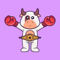 simpatica mucca in costume da boxer con cintura da campione. concetto animale del fumetto isolato. può essere utilizzato per t-shirt, biglietti di auguri, biglietti d'invito o mascotte. stile cartone animato piatto vettore