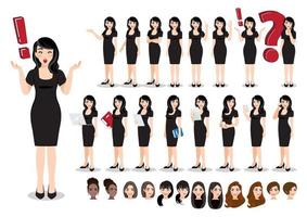 set di personaggi dei cartoni animati di donna d'affari. bella donna d'affari in un abito nero. illustrazione vettoriale