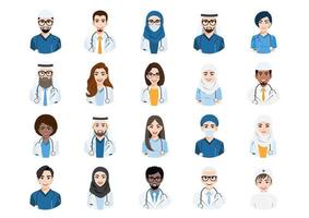 grande fascio di avatar di persone diverse. set di ritratti di team medici o medici. personaggi avatar di uomini e donne. vettore