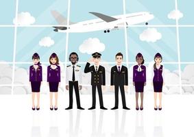 cartone animato con sala passeggeri nel terminal dell'aeroporto e squadra di compagnie aeree professionali in uniforme vettoriale