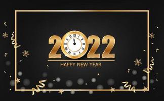 felice anno nuovo 2022 banner con orologio d'oro su sfondo nero vettore