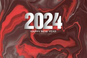 contento nuovo anno 2024 celebrazione con unico numero e rosso liquido sfondo. vettore