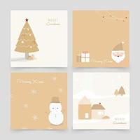 cartoline di buon natale con pini, scatole regalo, pupazzi di neve e case. vettore